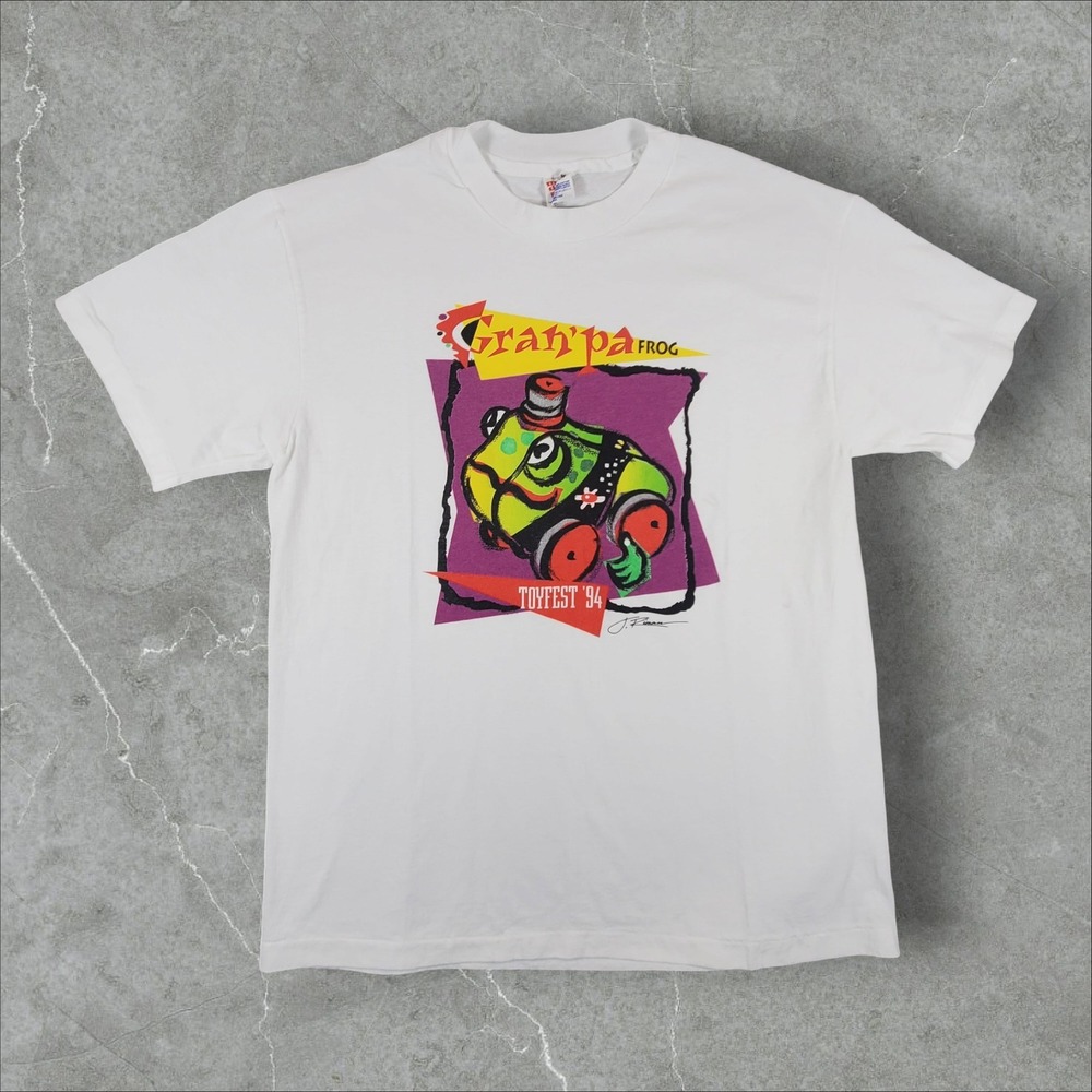Hanes T-Shirt Mens Large White Vintage 94 Toyfest Gran'pa Frog Single Stitch USA